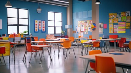 Aufkleber - A vibrant classroom with colorful chairs and educational materials on the walls.