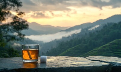 Fototapete - A glass of amber liquid on a stone ledge, overlooking a misty mountain landscape at sunset.