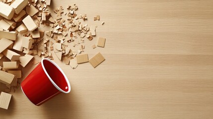 Aufkleber - A red cup spills wooden blocks on a light wooden surface, suggesting play or creativity.