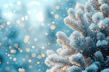 Snow trees with bokeh lighting in winter on a blurred background