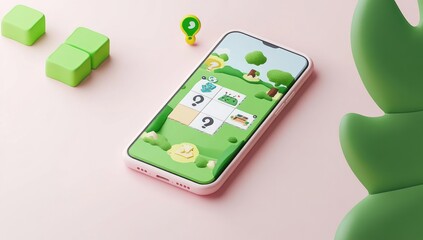 Poster - A smartphone displaying a colorful, playful game on a soft pink background with green blocks.