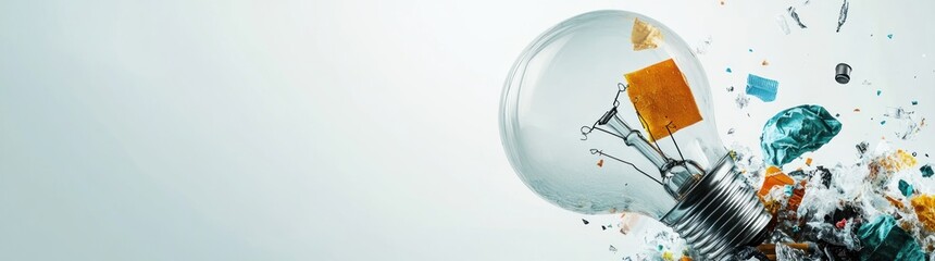 Aufkleber - A shattered light bulb with colorful debris, symbolizing innovation and creativity.