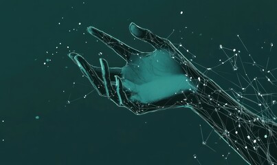 Poster - A digital representation of a hand emerging from a network of lines and particles.