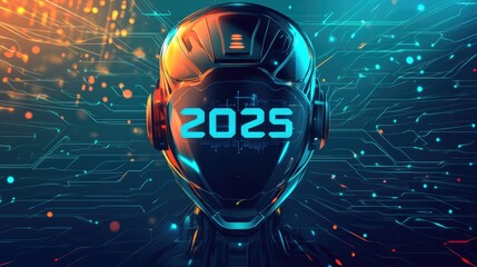 Robot android head with 2025 number on digital cyberspace background. New Year greeting card with abstract texture