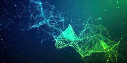 Abstract green and blue digital network with glowing lines on a dark background.