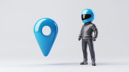 Aufkleber - A blue location pin next to a figure in a blue helmet and jacket, symbolizing navigation.