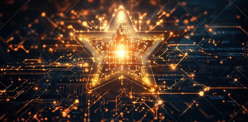 Fototapete - A glowing star surrounded by digital circuitry and sparks, symbolizing technology and innovation.