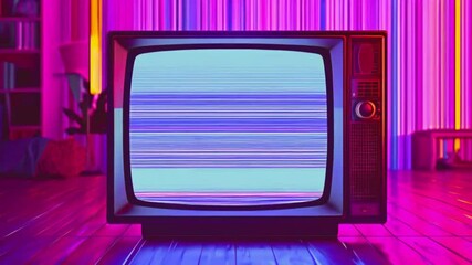 Canvas Print - Retro Television with Static Display in Neon-Lit Room