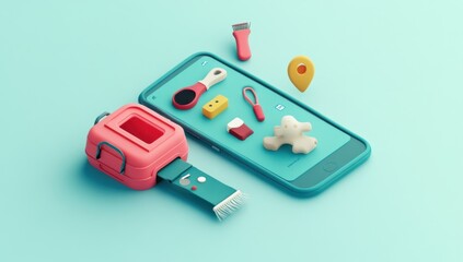 Fototapete - A colorful 3D arrangement of a smartphone and various playful objects.