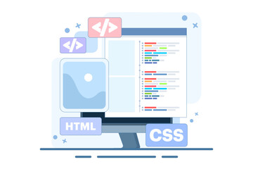 web development concept. programming languages. css, html, it, ui. programmer developing website, co