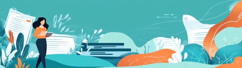 Poster - A digital illustration of a woman interacting with documents in a serene workspace.