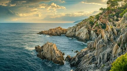 Wall Mural - Dramatic Sunset Over Rugged Coastal Cliffs and Turquoise Ocean