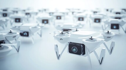 Poster - A multitude of white drones arranged in a futuristic setting, showcasing technology.