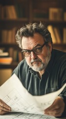 Poster - A thoughtful man examines architectural plans in a cozy library setting.