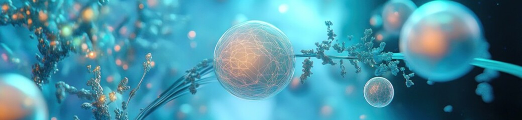 Fototapete - A vibrant, abstract depiction of cells and molecular structures in a scientific context.