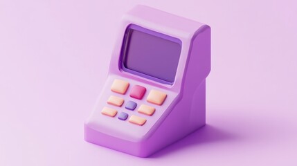 Poster - A purple retro-style device with buttons and a screen, resembling a vintage calculator.