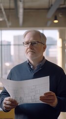 Poster - A middle-aged man examines architectural plans, reflecting on design and construction.