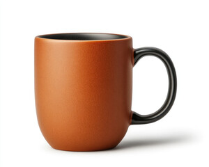 Stylish brown ceramic coffee mug with a black handle on a white isolated background.