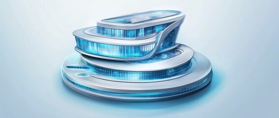 Fototapete - A futuristic, layered structure with glowing blue elements, suggesting advanced technology.
