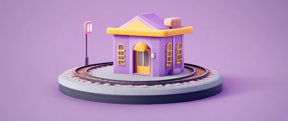 Poster - A whimsical purple train station model with tracks on a circular base.