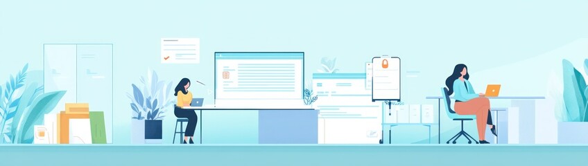 Poster - A modern office scene depicting people working on computers in a collaborative environment.