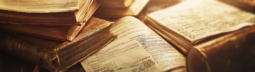Aufkleber - A collection of old books and handwritten notes, suggesting study or research.