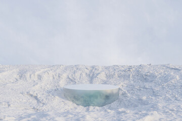 Wall Mural - 3d render winter stage and realistic natural background, ice podium on the ice snow mountain, backdr