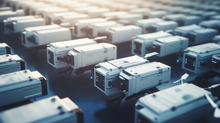 Poster - A close-up view of robotic devices arranged in a systematic pattern.