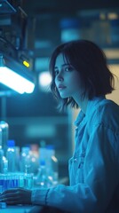Aufkleber - A young woman in a lab, illuminated by blue light, surrounded by scientific equipment.