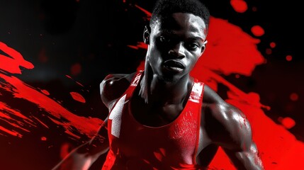 Poster - A dynamic athlete in a red tank top, captured in motion with a dramatic background.