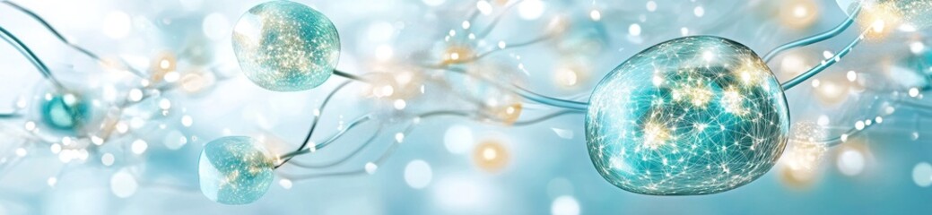 Fototapete - Abstract representation of cells and neural connections in a soft, glowing environment.