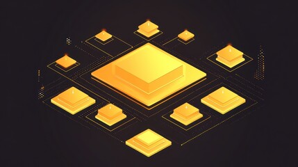 Aufkleber - A digital illustration of interconnected golden blocks, symbolizing technology and data flow.