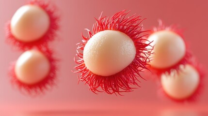 Fototapete - Abstract representation of cells with red filaments on a soft pink background.