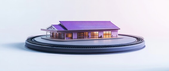 Poster - A miniature train station model displayed on a circular track with ambient lighting.