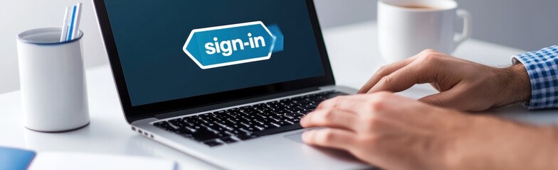 Poster - A person signing in on a laptop with a coffee cup nearby.