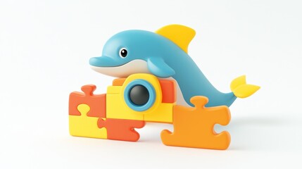 Aufkleber - A colorful dolphin toy resting on interlocking puzzle pieces, designed for playful learning.