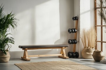 Aufkleber - A minimalist home gym featuring a bench, dumbbells, and decorative plants.