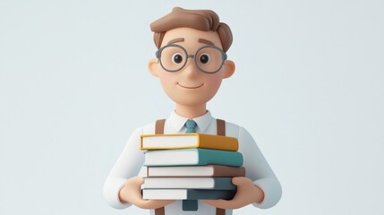 Poster - A cheerful character holding a stack of books, symbolizing knowledge and education.