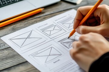 Aufkleber - A person sketching wireframes on paper, focusing on design and layout concepts.