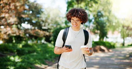 Aufkleber - Man, student and phone with smile on park, reading and coffee on walk with mobile app in morning at college. Person, smartphone and happy with chat, contact and social network at campus in Costa Rica