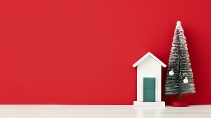Wall Mural - Festive scene with a small house and Christmas tree.