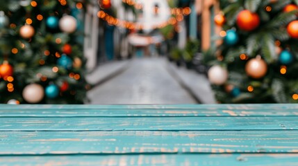 Wall Mural - Festive street scene with holiday decorations.