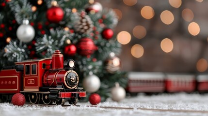 Wall Mural - Festive train near a decorated Christmas tree.