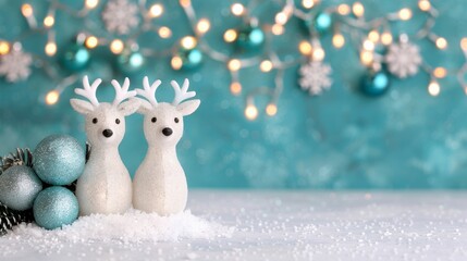 Wall Mural - Festive winter scene with decorative reindeer and ornaments.