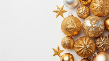Wall Mural - Golden Christmas ornaments and stars on a white background.