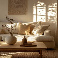 Wall Mural - Beige Interior Design: Cozy Living Room Decor with Natural Light and Minimalist Style