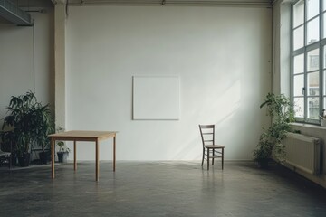 Poster - Minimalist interior featuring a table, chair, and blank canvas against a light wall.