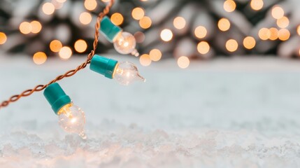 Wall Mural - Holiday lights glowing on snow-covered ground.