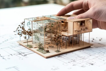 Poster - A hand adjusts a detailed architectural model surrounded by design blueprints.