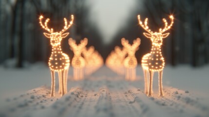 Wall Mural - Illuminated reindeer in a snowy winter landscape.